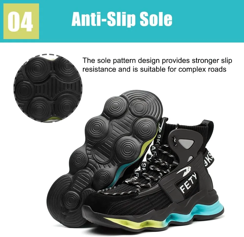 DRECAGE Steel Toe Boots Mens Womens Work Boots Breathable Knit Comfortable High top Safety Boots Construction Indestructible Working Shoes