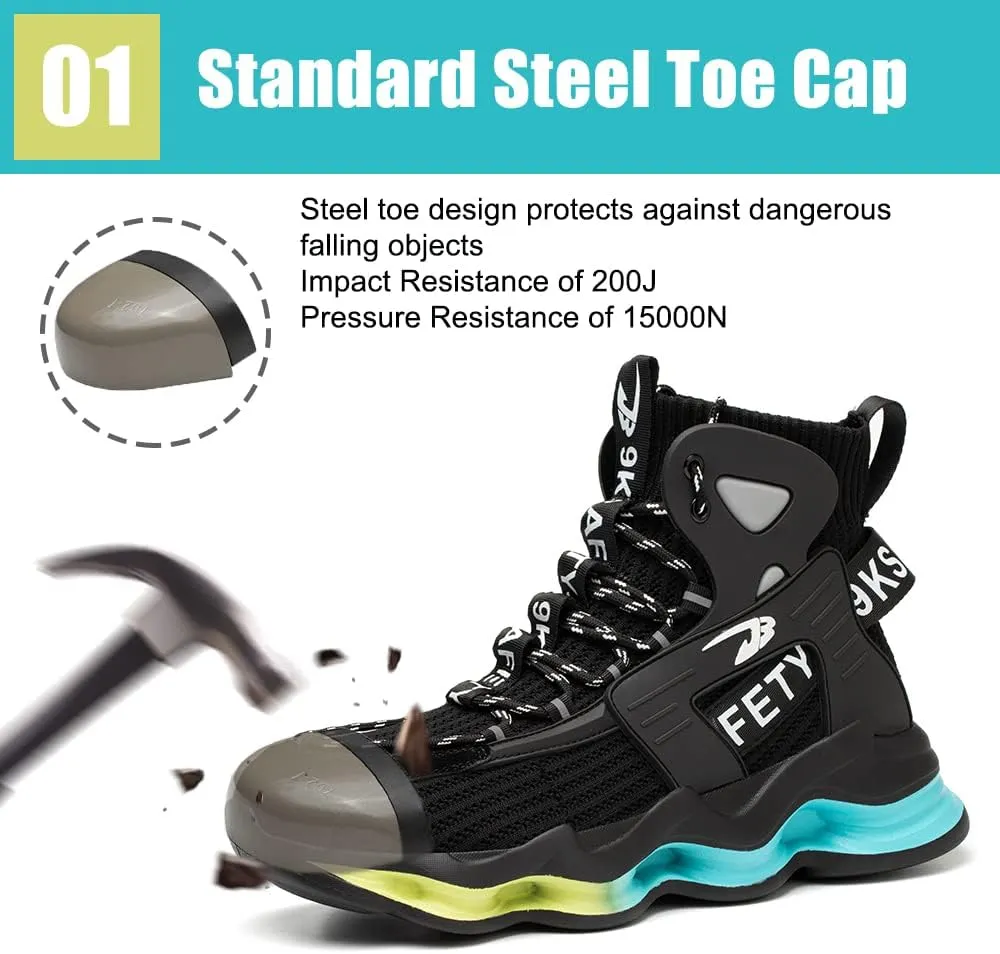 DRECAGE Steel Toe Boots Mens Womens Work Boots Breathable Knit Comfortable High top Safety Boots Construction Indestructible Working Shoes