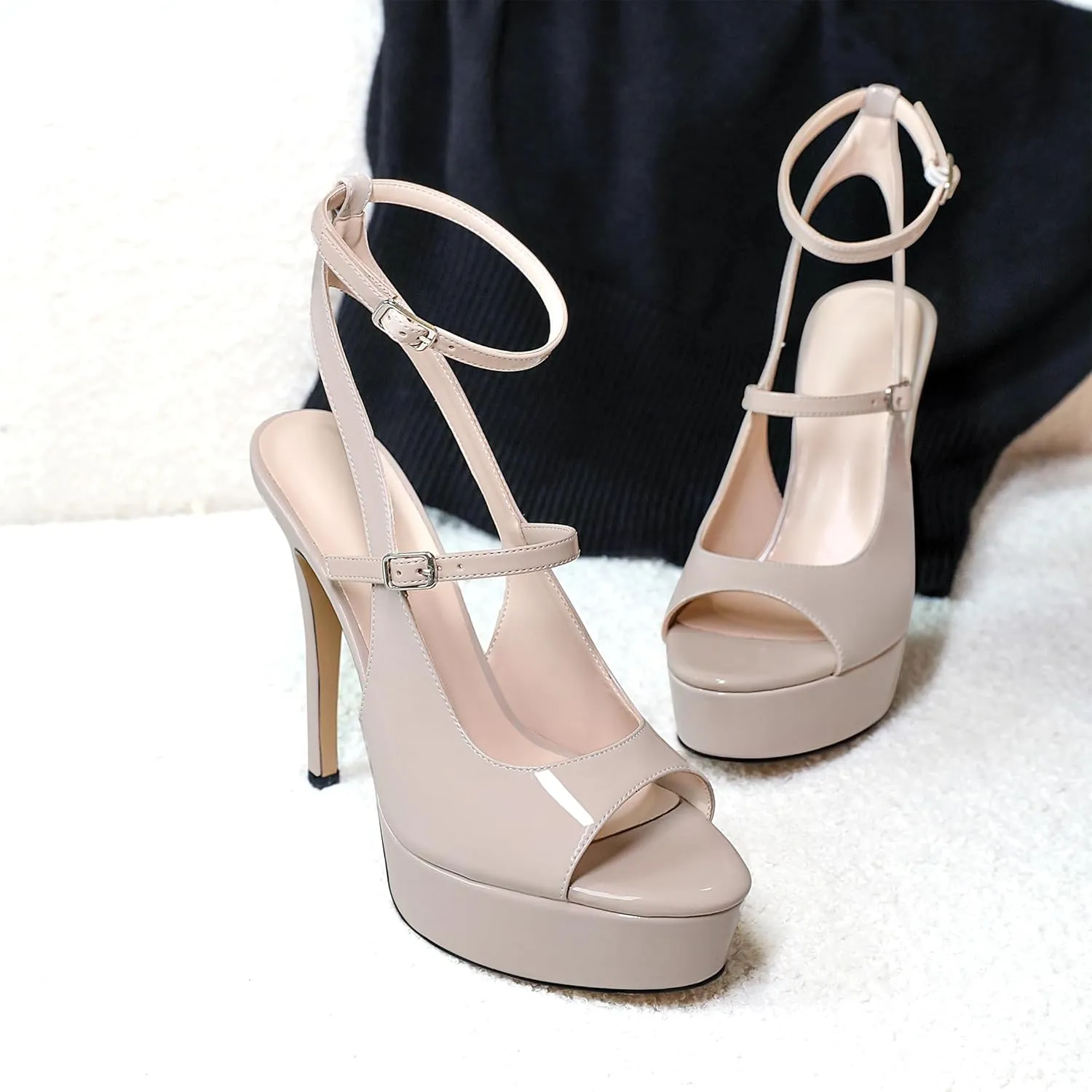 Esvowido Women's Peep Toe High Heels Platform Stilettos Ankle Strap Heeled Sandals Strappy Dress Shoes 5 Inch Wedding Party Dress Shoes