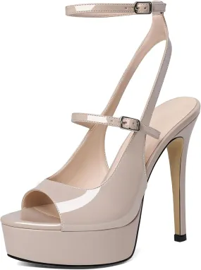 Esvowido Women's Peep Toe High Heels Platform Stilettos Ankle Strap Heeled Sandals Strappy Dress Shoes 5 Inch Wedding Party Dress Shoes