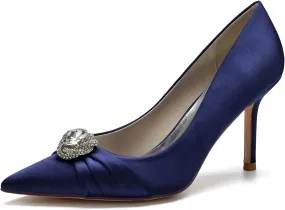 FufoneUS Bridal Shoes Women's Closed Toe Stiletto Bridal Evening Party Wedding Dress Shoes with Crystal,Dark Blue,9