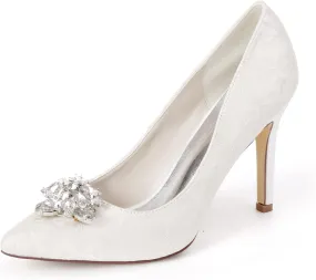 FufoneUS Wedding Bridal Shoes Women Pointed Toe Stiletto Heel Evening Party Pump Shoes with Rhinestone Buckle,White,5
