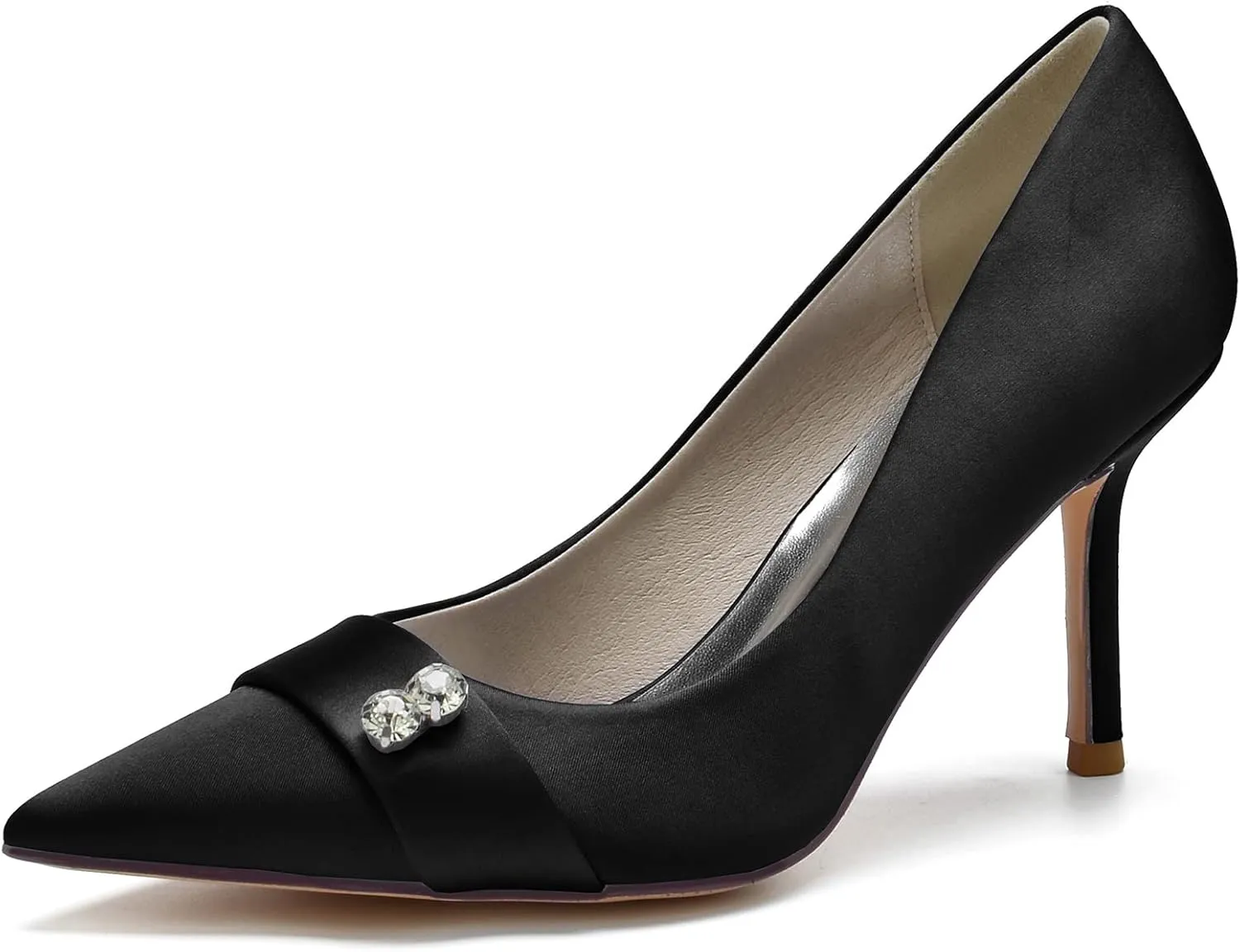 FufoneUS Women's Bridal Shoes Closed Toe 3.35" Stiletto Heel Lace Satin Pumps Evening Wedding Heels,Black,12