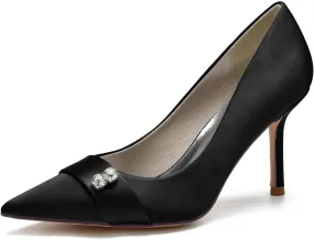 FufoneUS Women's Bridal Shoes Closed Toe 3.35" Stiletto Heel Lace Satin Pumps Evening Wedding Heels,Black,12