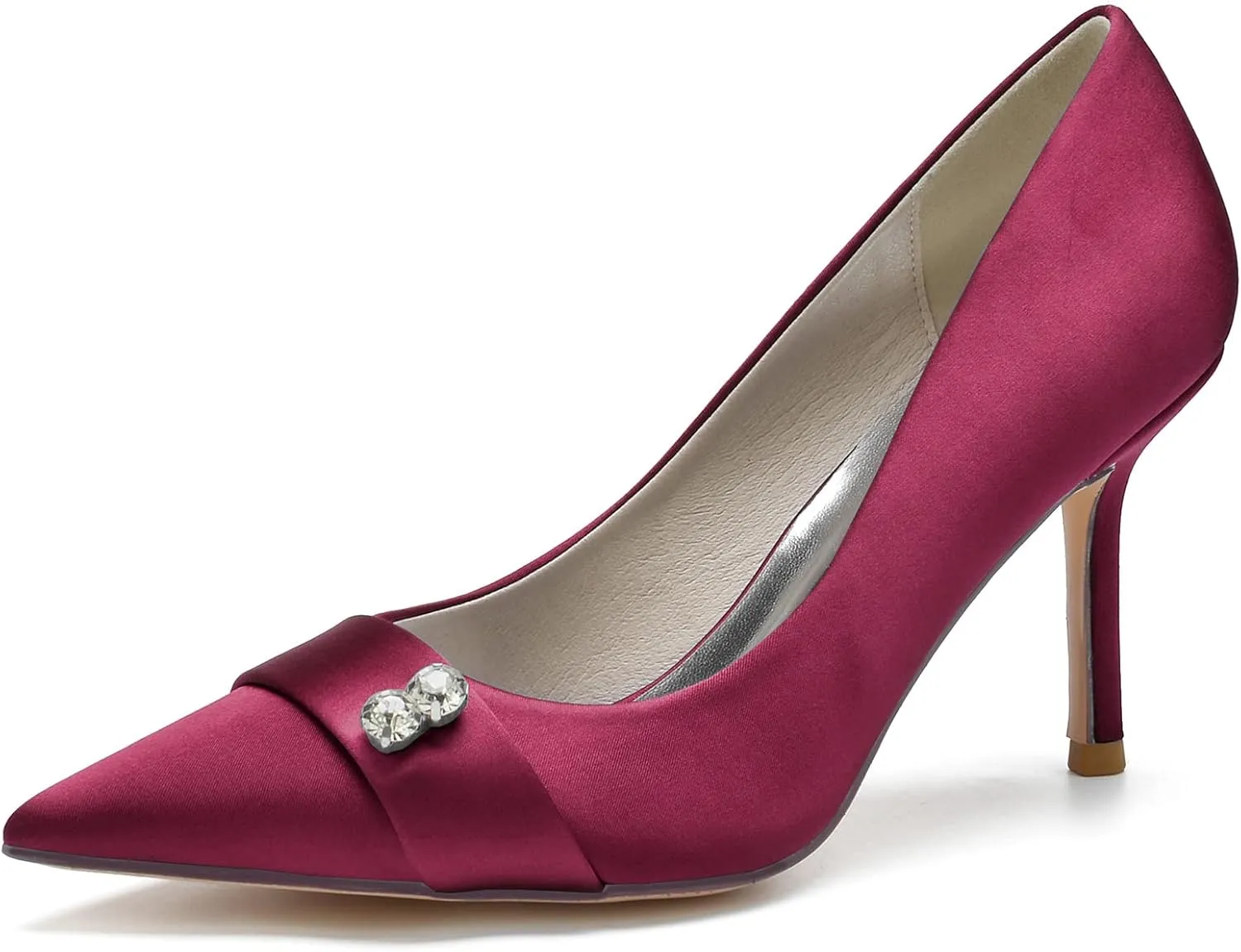 FufoneUS Women's Bridal Shoes Closed Toe 3.35" Stiletto Heel Lace Satin Pumps Evening Wedding Heels,Burgundy,7