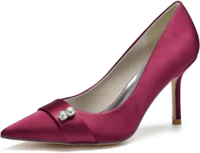 FufoneUS Women's Bridal Shoes Closed Toe 3.35" Stiletto Heel Lace Satin Pumps Evening Wedding Heels,Burgundy,7