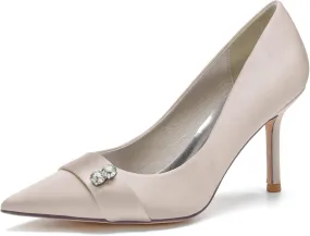 FufoneUS Women's Bridal Shoes Closed Toe 3.35" Stiletto Heel Lace Satin Pumps Evening Wedding Heels,Champagne,10