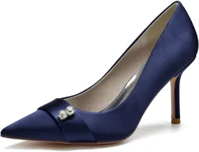 FufoneUS Women's Bridal Shoes Closed Toe 3.35" Stiletto Heel Lace Satin Pumps Evening Wedding Heels,Dark Blue,5