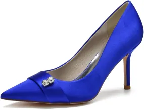 FufoneUS Women's Bridal Shoes Closed Toe 3.35" Stiletto Heel Lace Satin Pumps Evening Wedding Heels,Royal Blue,5
