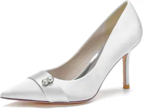 FufoneUS Women's Bridal Shoes Closed Toe 3.35" Stiletto Heel Lace Satin Pumps Evening Wedding Heels,White,12