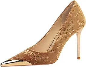 JOEupin Women Velvet Pointed Toe Heels Elegant Stiletto Ladies Pumps Party Dress Heels Work Office Shoes