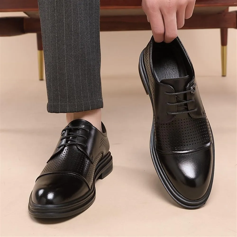 Men Breathable Hollow Black Dress Shoes Loafers Men's Microfiber Leather Whole Cut Oxfords Shoes Fashion Dress Formal Tuxedo Shoes