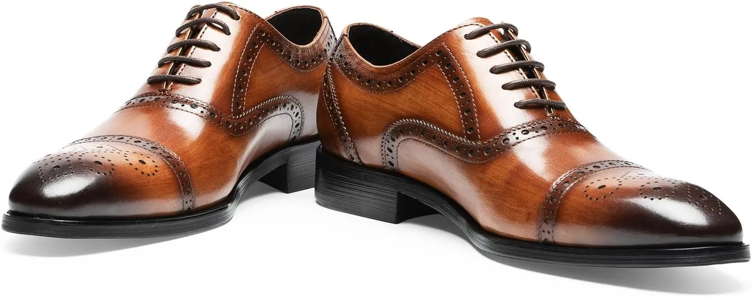Men's Dress Shoes - Cap Toe Brogue Oxfords in Genuine Leather | Classic Dress Shoes with Decorative Perforations