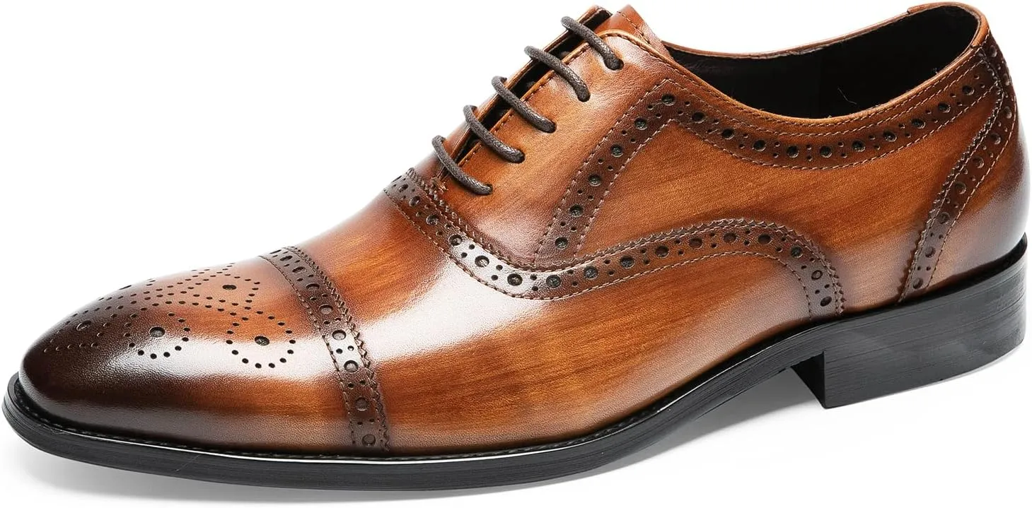 Men's Dress Shoes - Cap Toe Brogue Oxfords in Genuine Leather | Classic Dress Shoes with Decorative Perforations