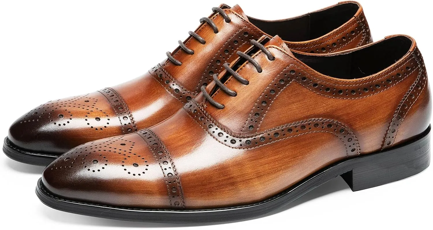Men's Dress Shoes - Cap Toe Brogue Oxfords in Genuine Leather | Classic Dress Shoes with Decorative Perforations