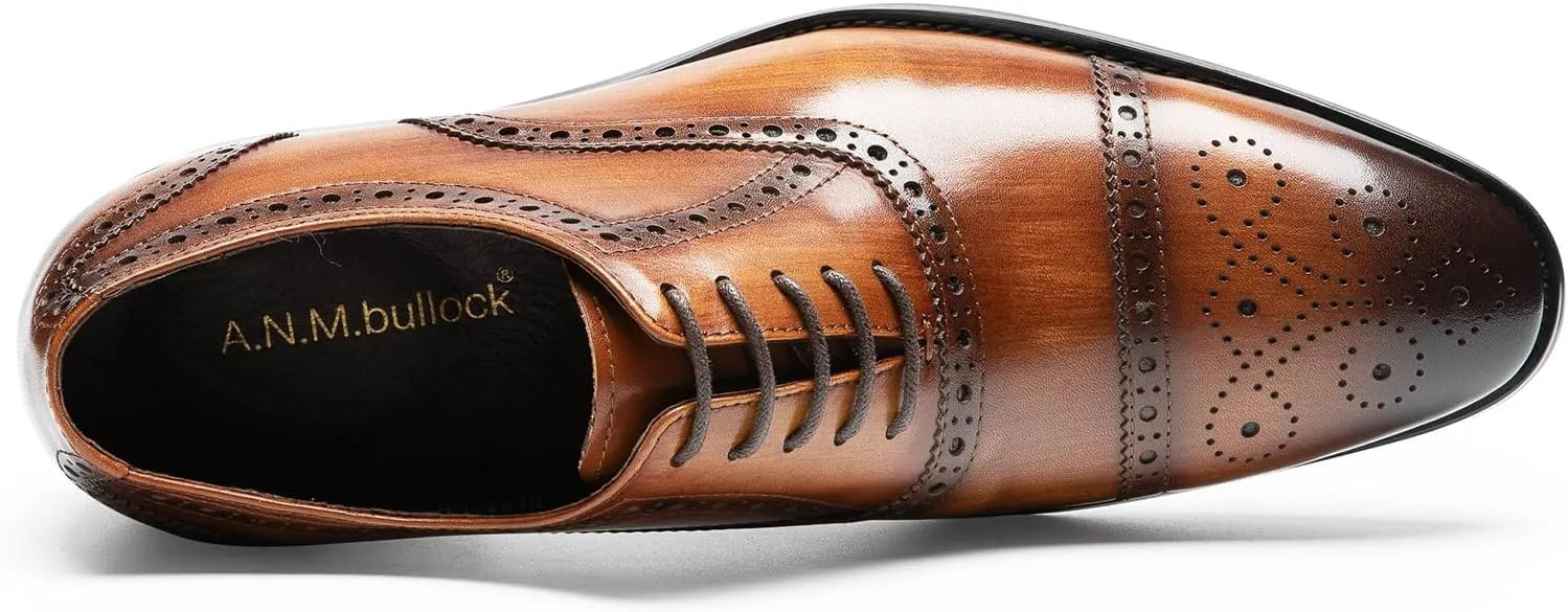 Men's Dress Shoes - Cap Toe Brogue Oxfords in Genuine Leather | Classic Dress Shoes with Decorative Perforations