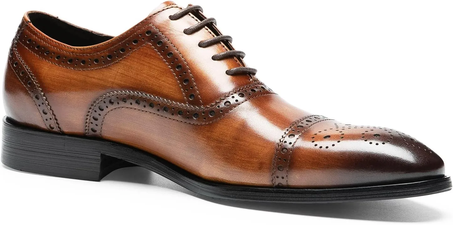Men's Dress Shoes - Cap Toe Brogue Oxfords in Genuine Leather | Classic Dress Shoes with Decorative Perforations
