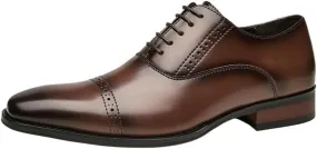 Men's Formal Leather Brogue Cap Toe Oxford Shoes Lace Up Square Burnished Toe Rubber Sole Non Slip Anti-Slip Low Top for Prom