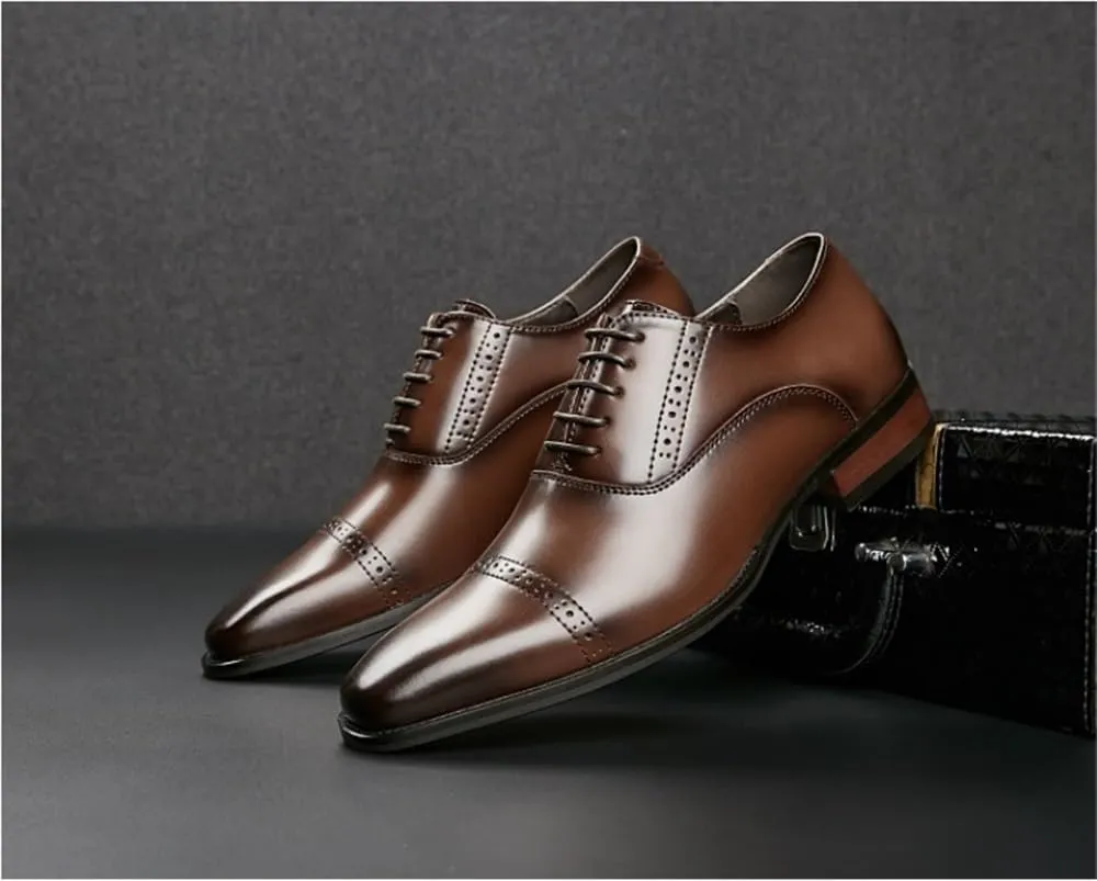 Men's Formal Leather Brogue Cap Toe Oxford Shoes Lace Up Square Burnished Toe Rubber Sole Non Slip Anti-Slip Low Top for Prom