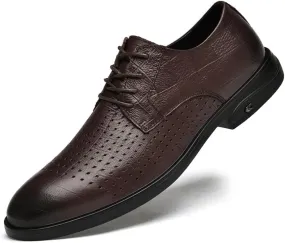 Men's Genuine Leather Oxford Shoes - Retro Pointed Toe Derby Shoes for Business & Formal Wear - Non-Slip Chunky Heel Dress Shoes(Brown,8)