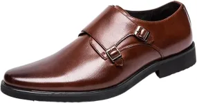Men's Oxford Dress Shoes - Slip-On Pointed Toe Leather Formal Shoes for Men, Solid Color Cap Toe Design, Non-Slip Rubber Sole, Low Block Heel, Perfect for Party, Wedding & Business Events