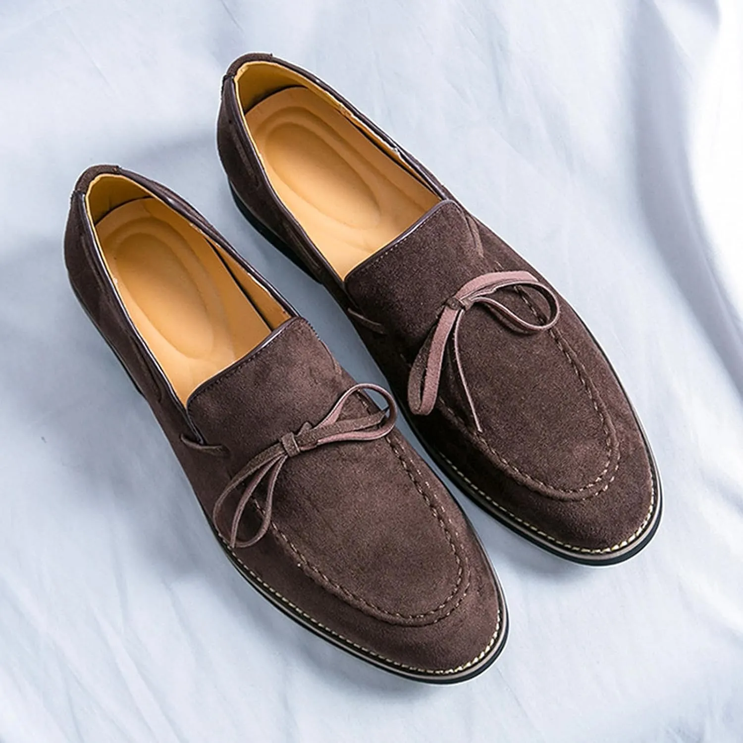 Men's Suede Bow Low Block Heel Business Dress Loafers Classic Comfortable Tassels Slip On Casual Chunky Heel Loafers for Driving Party Work
