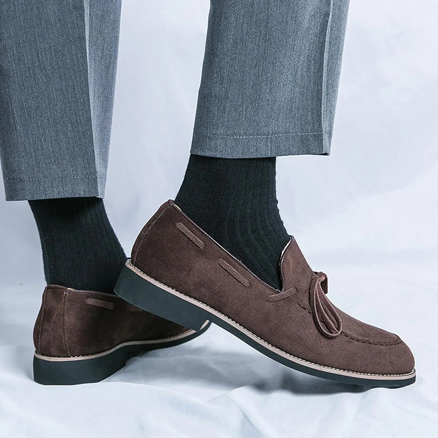 Men's Suede Bow Low Block Heel Business Dress Loafers Classic Comfortable Tassels Slip On Casual Chunky Heel Loafers for Driving Party Work