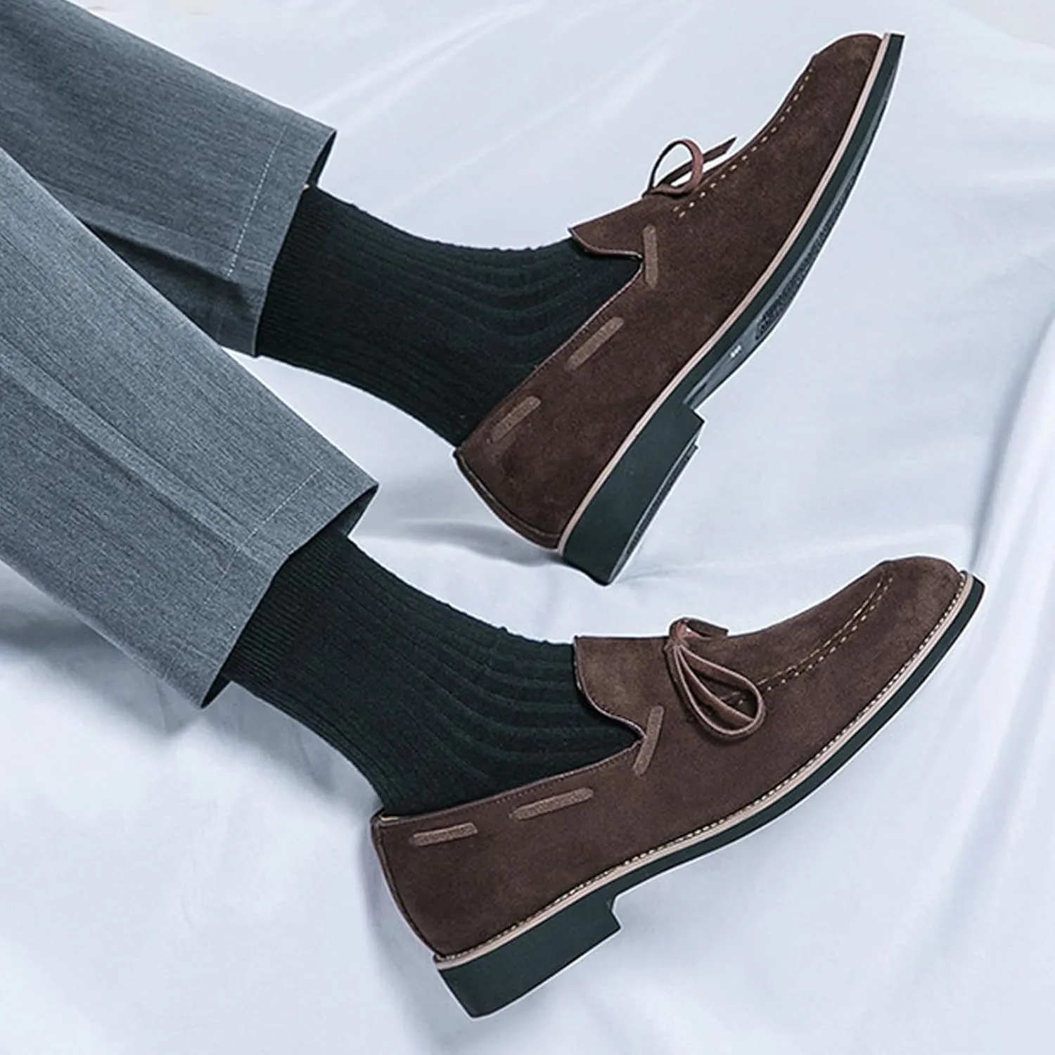 Men's Suede Bow Low Block Heel Business Dress Loafers Classic Comfortable Tassels Slip On Casual Chunky Heel Loafers for Driving Party Work