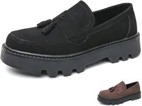 Men's Suede Tassel Platform Round Toe Casual Loafers Classic Retro Lug Sole Non Slip Chunky Heel Dress Business Penny Loafers for Party Formal Work Wedding