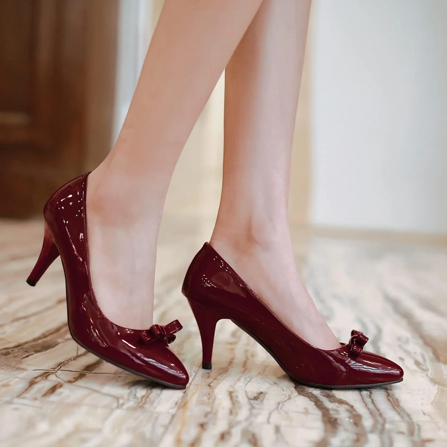 MOOMMO Sexy Pointed Toe Stiletto Heels Bow for Women Slip On Patent Leather Pumps Bow Knot Cute 3 Inch Mid Heel Dress Shoes Wedding Bridal Evening Party Stilettos Sandals Comfort Chic 4-11 M US