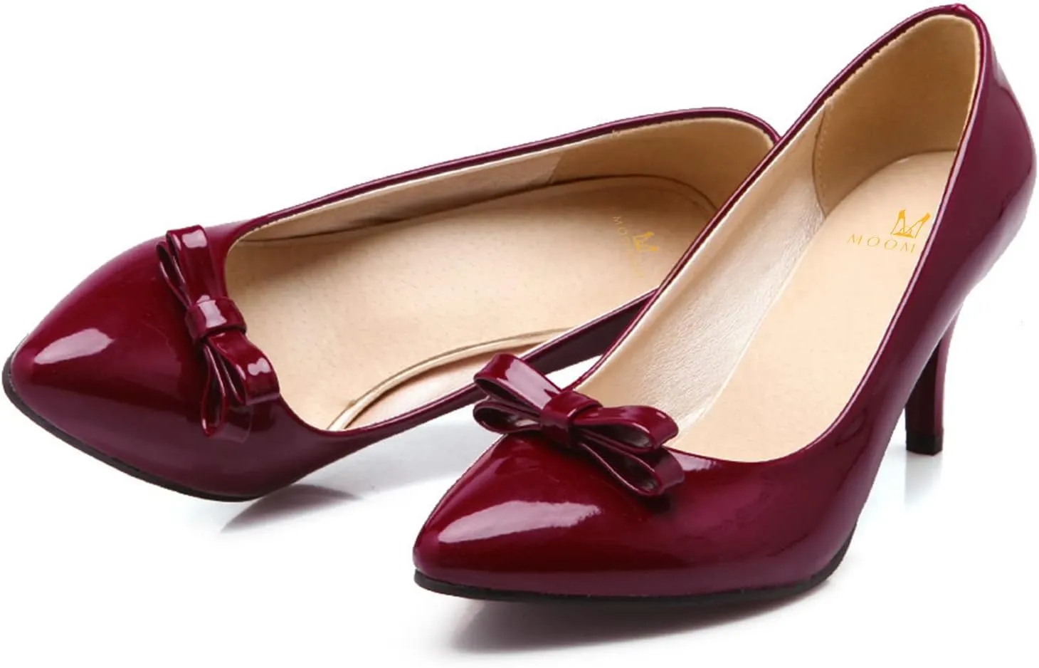 MOOMMO Sexy Pointed Toe Stiletto Heels Bow for Women Slip On Patent Leather Pumps Bow Knot Cute 3 Inch Mid Heel Dress Shoes Wedding Bridal Evening Party Stilettos Sandals Comfort Chic 4-11 M US