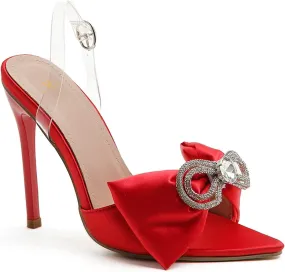 MOOMMO Women Slingback Stiletto Sandals Red Rhinestone Satin High Heels Big Bow Peep Pointed Toe Pumps 5 Inch Thin High Heel Clear Strap Buckle Bridal Wedding Evening Shoes Sexy Elegant Red 9.5 M US