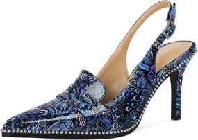 SAMMITOP Womens Slingback High Heel Pumps 3.5" Stiletto Pointed Toe Beaded Pumps Slip On Loafers Heels Elegant Dress Shoes