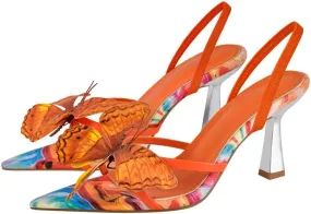 sexytag Kitten Heels Butterfuly Pointed Open Toe Slingback Printed Stiletto Heels Sandals