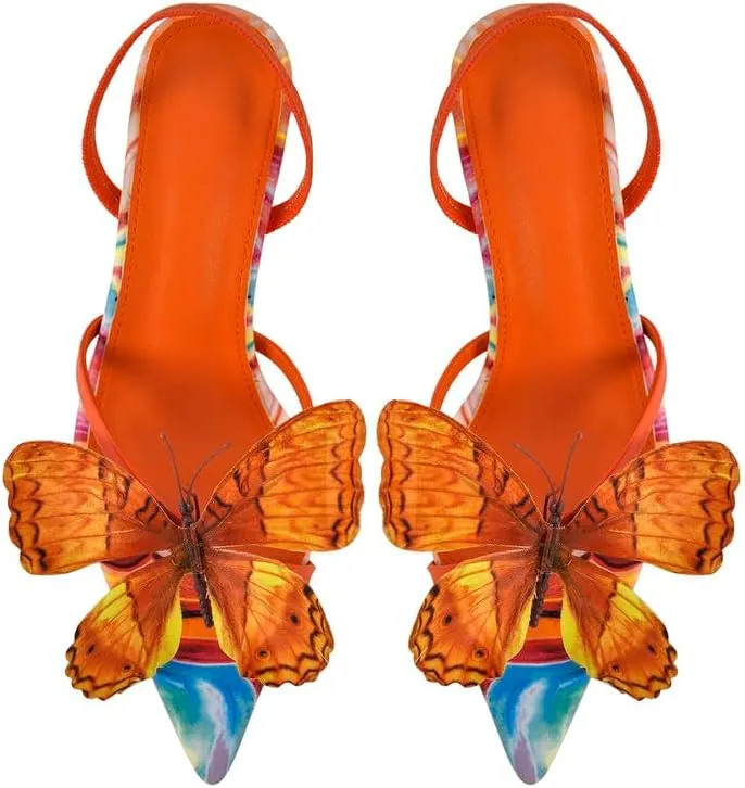 sexytag Kitten Heels Butterfuly Pointed Open Toe Slingback Printed Stiletto Heels Sandals