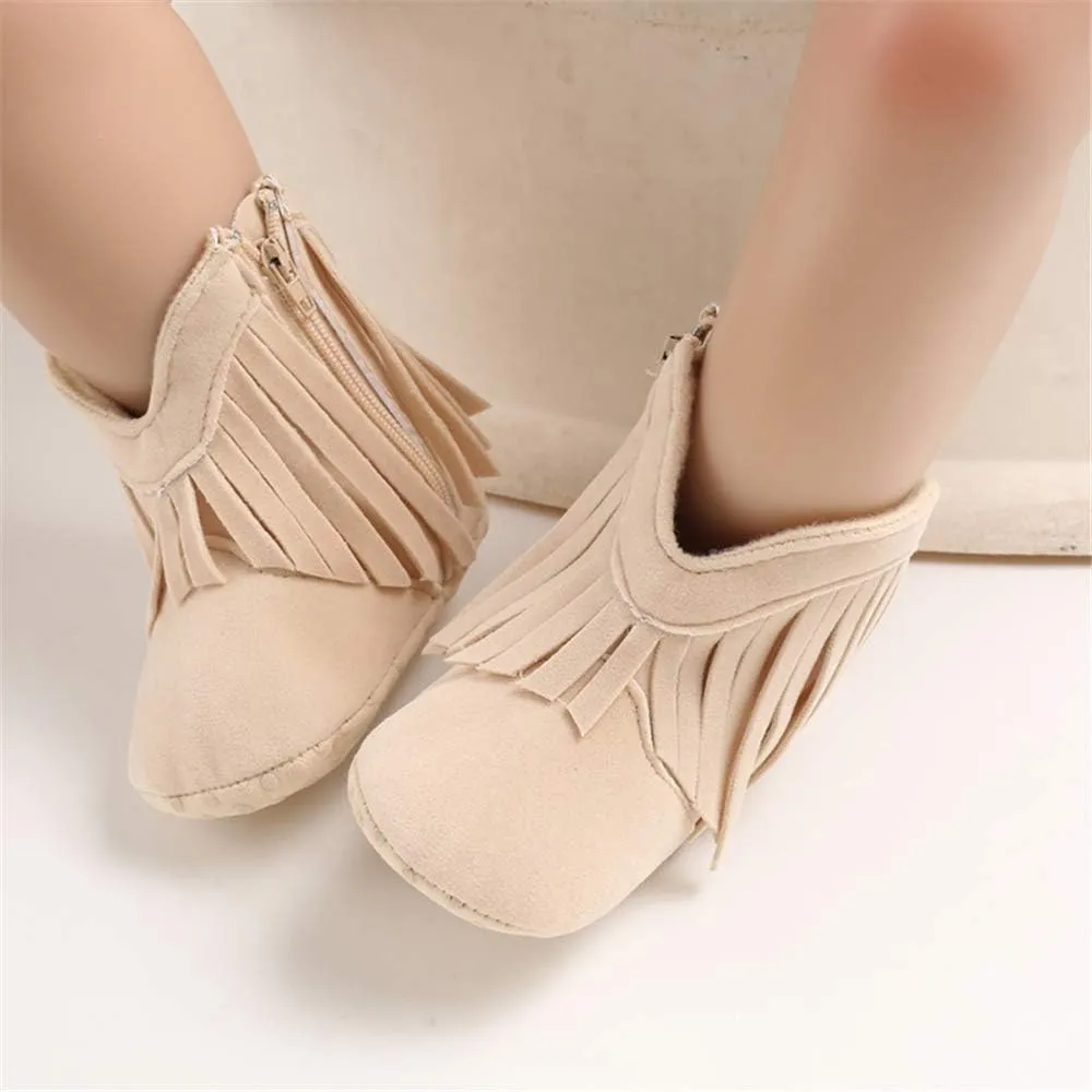 SOFMUO Baby Girls Cowboy Tassel Boots with Side Zipper Moccasins Non Slip Infant Booties Suede Toddler First Walker Shoes