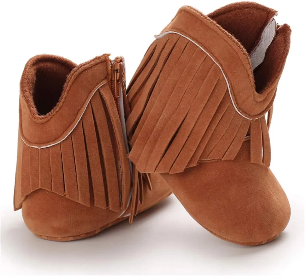 SOFMUO Baby Girls Cowboy Tassel Boots with Side Zipper Moccasins Non Slip Infant Booties Suede Toddler First Walker Shoes
