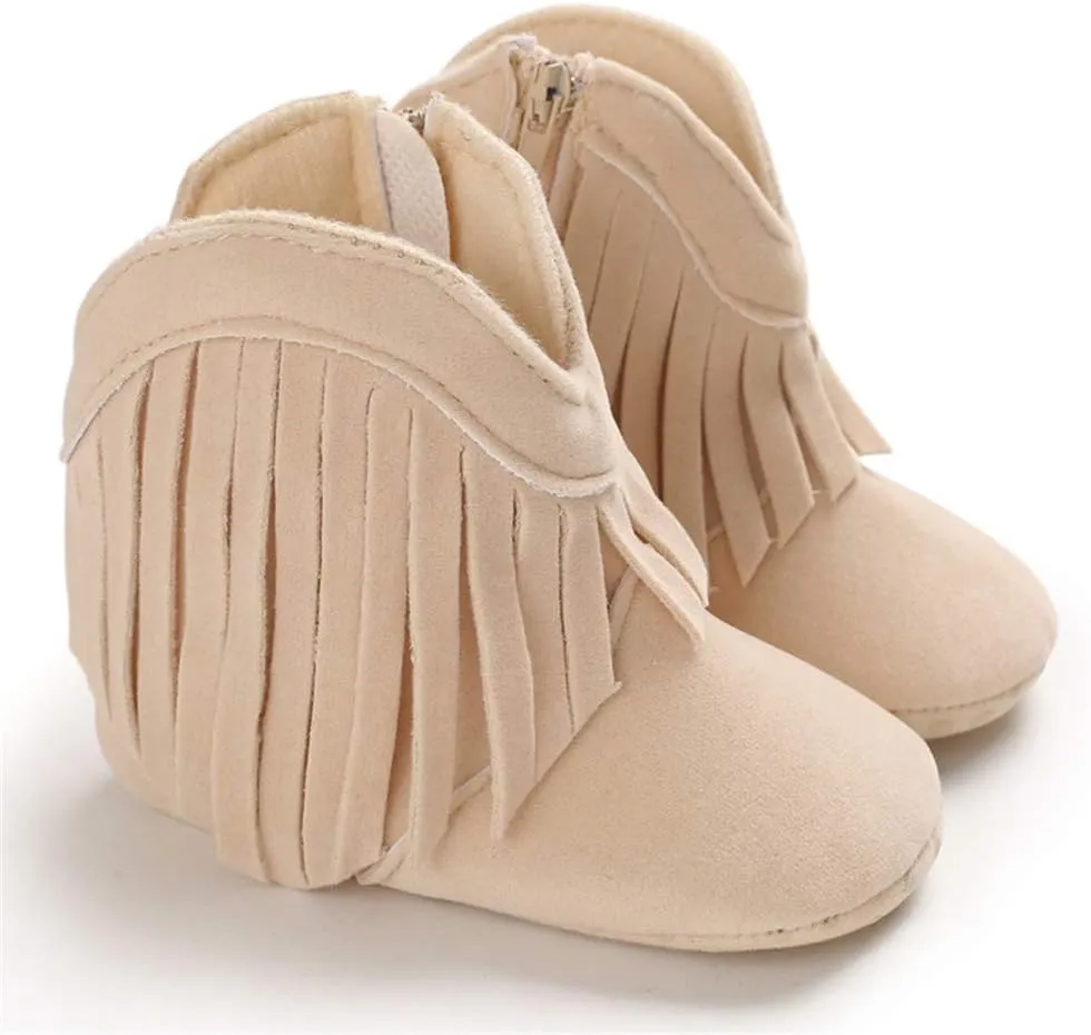 SOFMUO Baby Girls Cowboy Tassel Boots with Side Zipper Moccasins Non Slip Infant Booties Suede Toddler First Walker Shoes