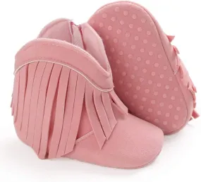 SOFMUO Baby Girls Cowboy Tassel Boots with Side Zipper Moccasins Non Slip Infant Booties Suede Toddler First Walker Shoes