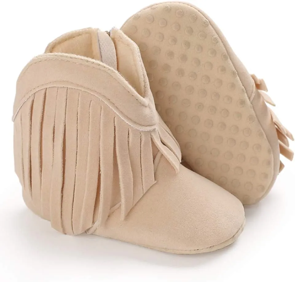 SOFMUO Baby Girls Cowboy Tassel Boots with Side Zipper Moccasins Non Slip Infant Booties Suede Toddler First Walker Shoes