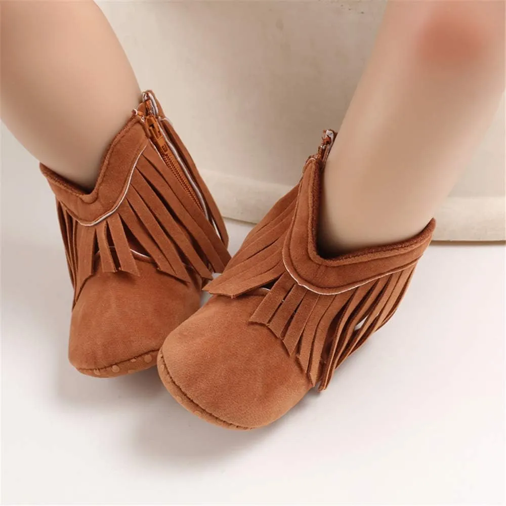 SOFMUO Baby Girls Cowboy Tassel Boots with Side Zipper Moccasins Non Slip Infant Booties Suede Toddler First Walker Shoes