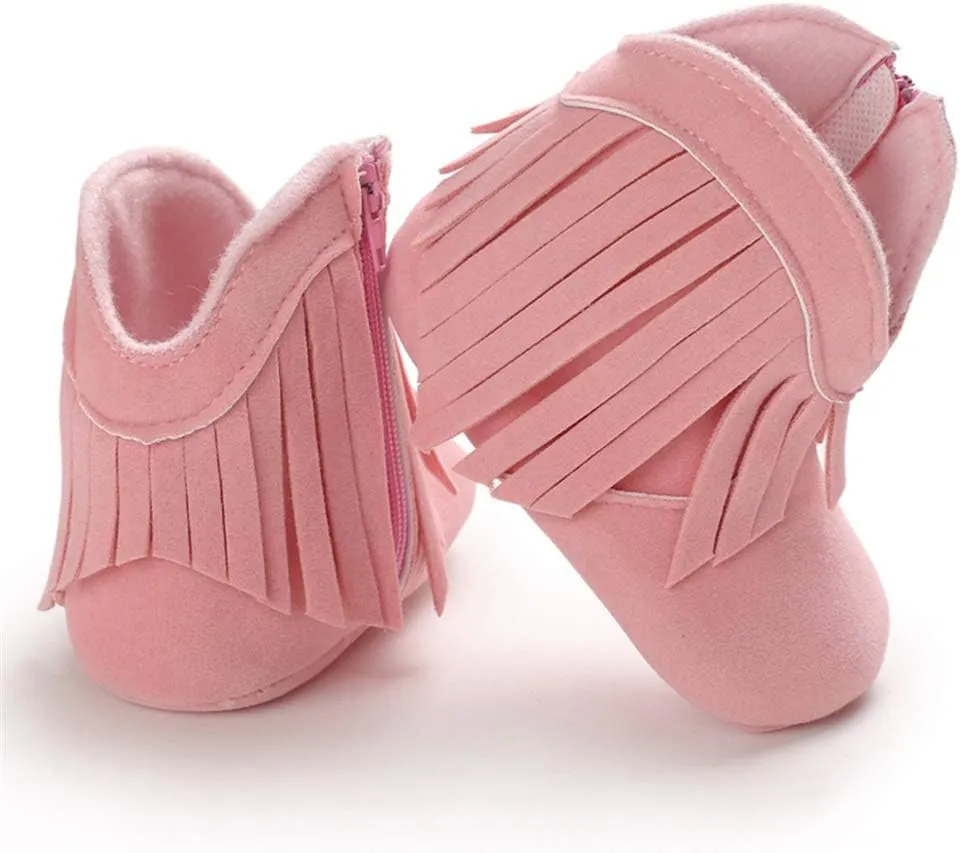 SOFMUO Baby Girls Cowboy Tassel Boots with Side Zipper Moccasins Non Slip Infant Booties Suede Toddler First Walker Shoes