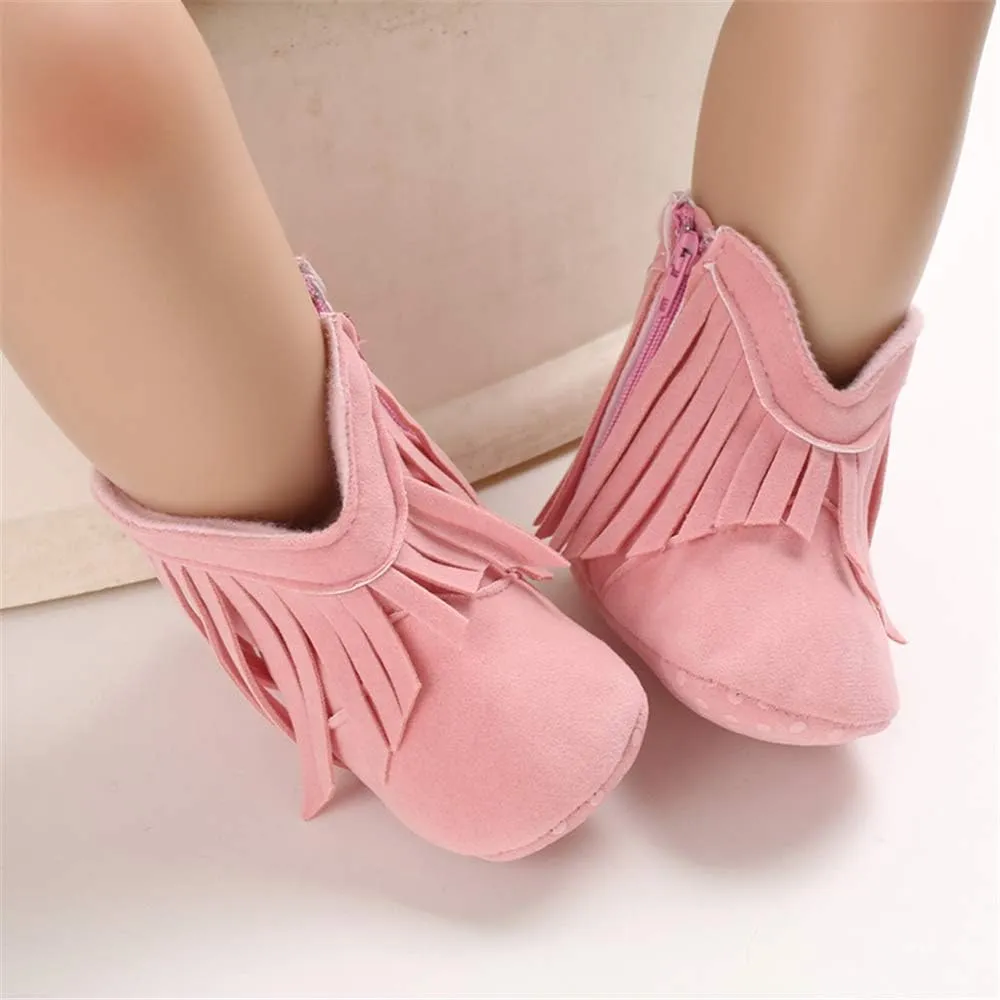 SOFMUO Baby Girls Cowboy Tassel Boots with Side Zipper Moccasins Non Slip Infant Booties Suede Toddler First Walker Shoes