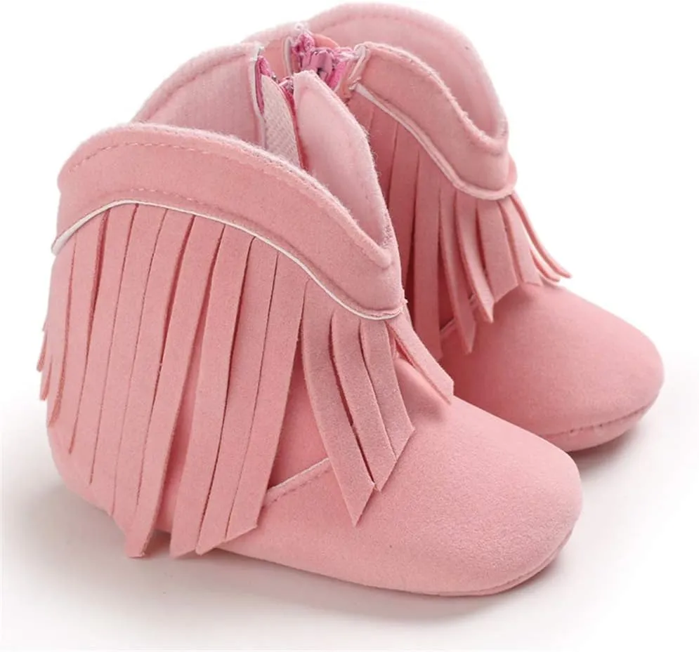 SOFMUO Baby Girls Cowboy Tassel Boots with Side Zipper Moccasins Non Slip Infant Booties Suede Toddler First Walker Shoes