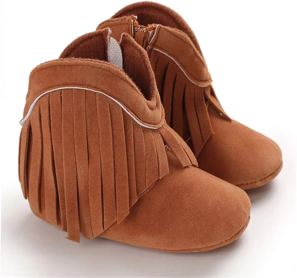 SOFMUO Baby Girls Cowboy Tassel Boots with Side Zipper Moccasins Non Slip Infant Booties Suede Toddler First Walker Shoes