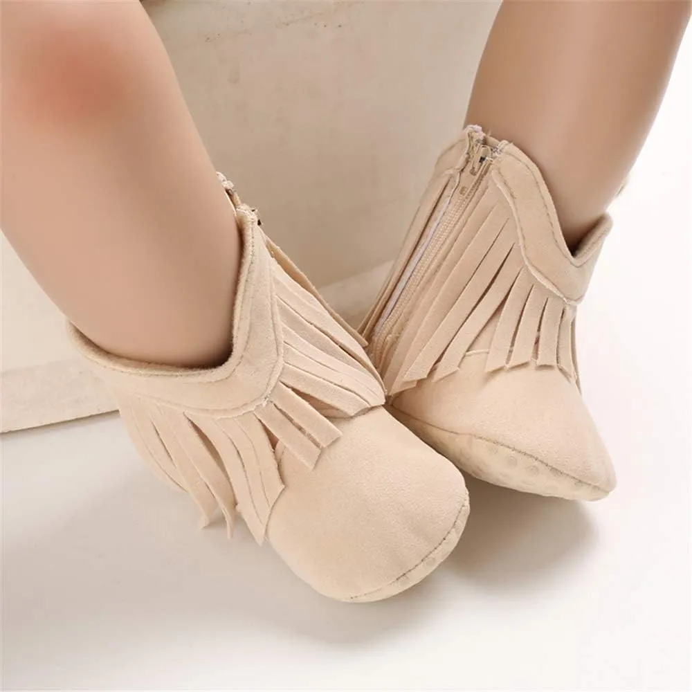 SOFMUO Baby Girls Cowboy Tassel Boots with Side Zipper Moccasins Non Slip Infant Booties Suede Toddler First Walker Shoes