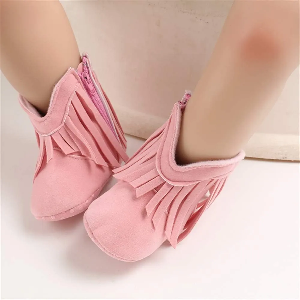 SOFMUO Baby Girls Cowboy Tassel Boots with Side Zipper Moccasins Non Slip Infant Booties Suede Toddler First Walker Shoes