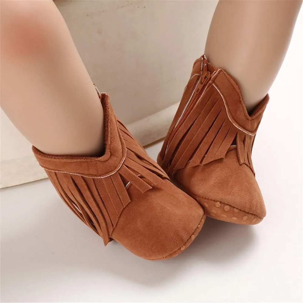 SOFMUO Baby Girls Cowboy Tassel Boots with Side Zipper Moccasins Non Slip Infant Booties Suede Toddler First Walker Shoes