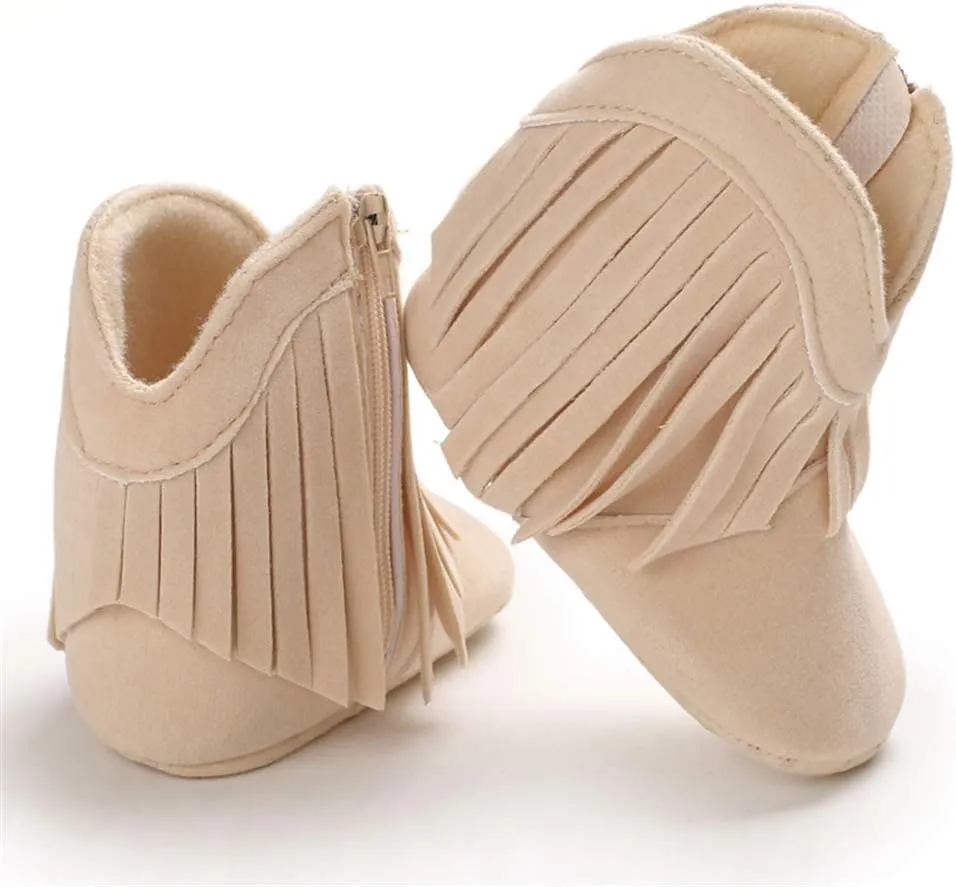 SOFMUO Baby Girls Cowboy Tassel Boots with Side Zipper Moccasins Non Slip Infant Booties Suede Toddler First Walker Shoes