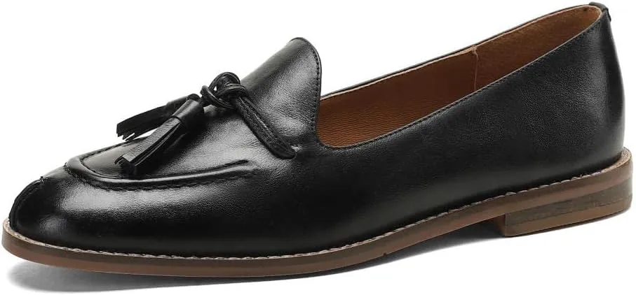 TinaCus Handmade Women's Genuine Leather Vintage Tassels Slip On Round Toe Loafers Flats Shoes